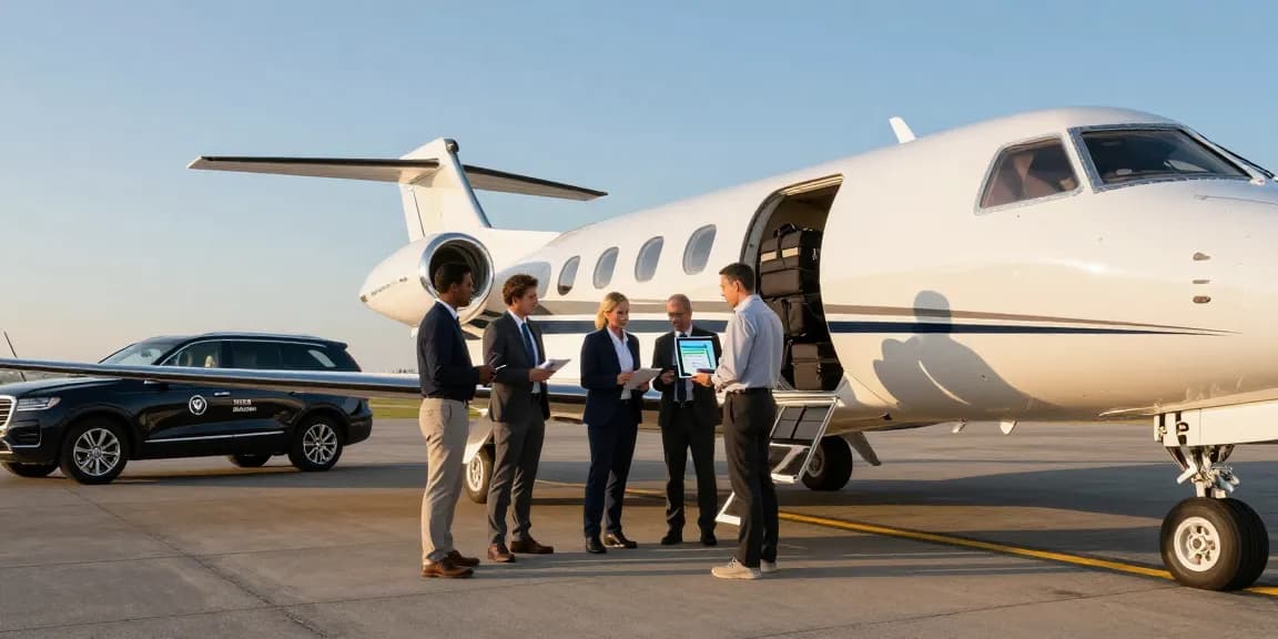 Private airplane charter Ontario with business leaders preparing for a flight at dawn near a Piper PA-31 Navajo aircraft.