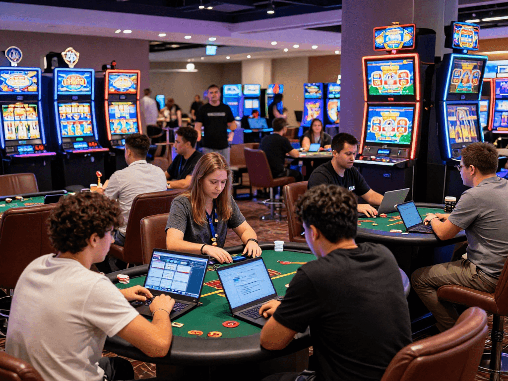 Experience the thrill of online gambling at vibrant stations with players enjoying games, showcasing gambleonline.