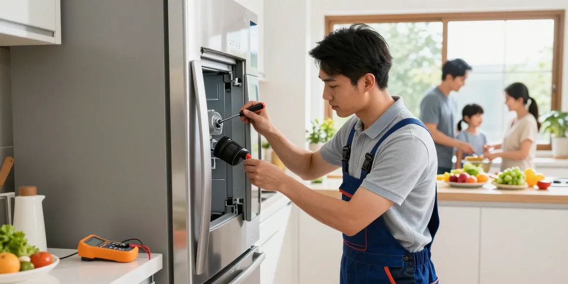 Appliance Repair technician fixing a sleek refrigerator in a bright kitchen, showcasing professional service.