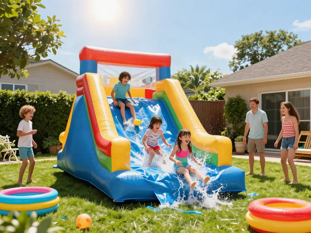 Kids enjoying a fun inflatable water slide in a sunny backyard with parents watching.
