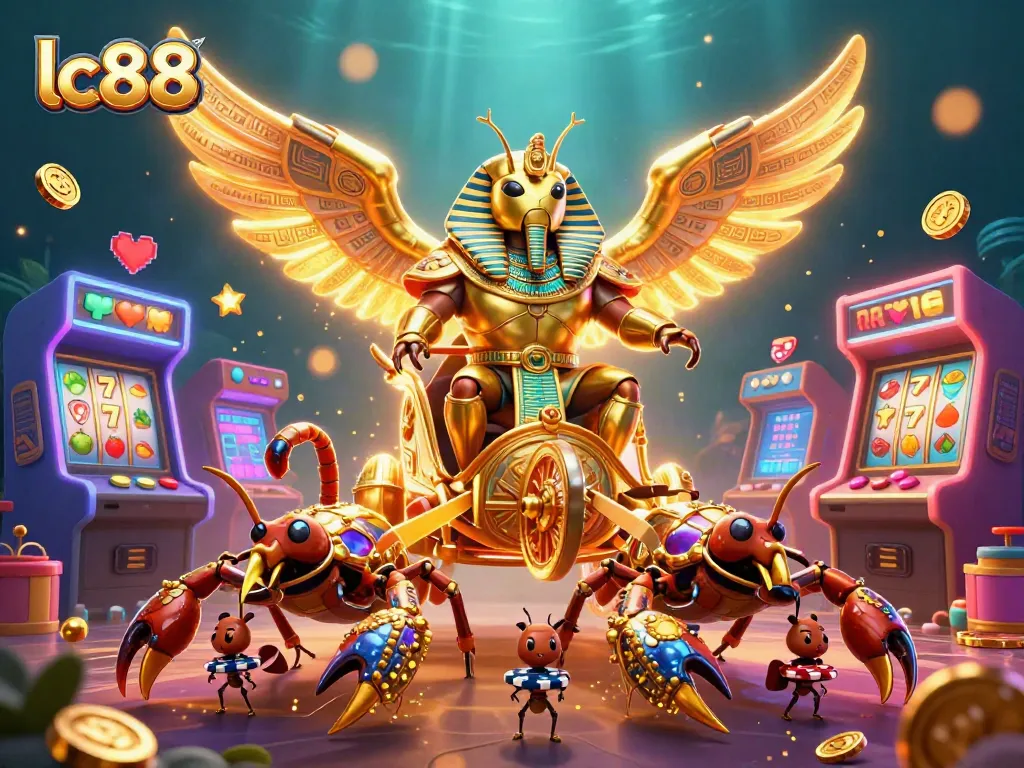 Engage with lc88's extraordinary casino experience showcasing golden beetles and vibrant gaming elements.