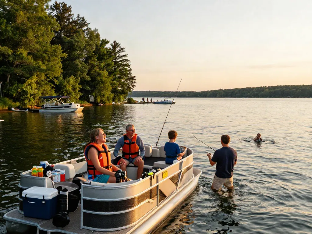 Boat rentals in a scenic lake setting with a family enjoying summer fun on a pontoon.