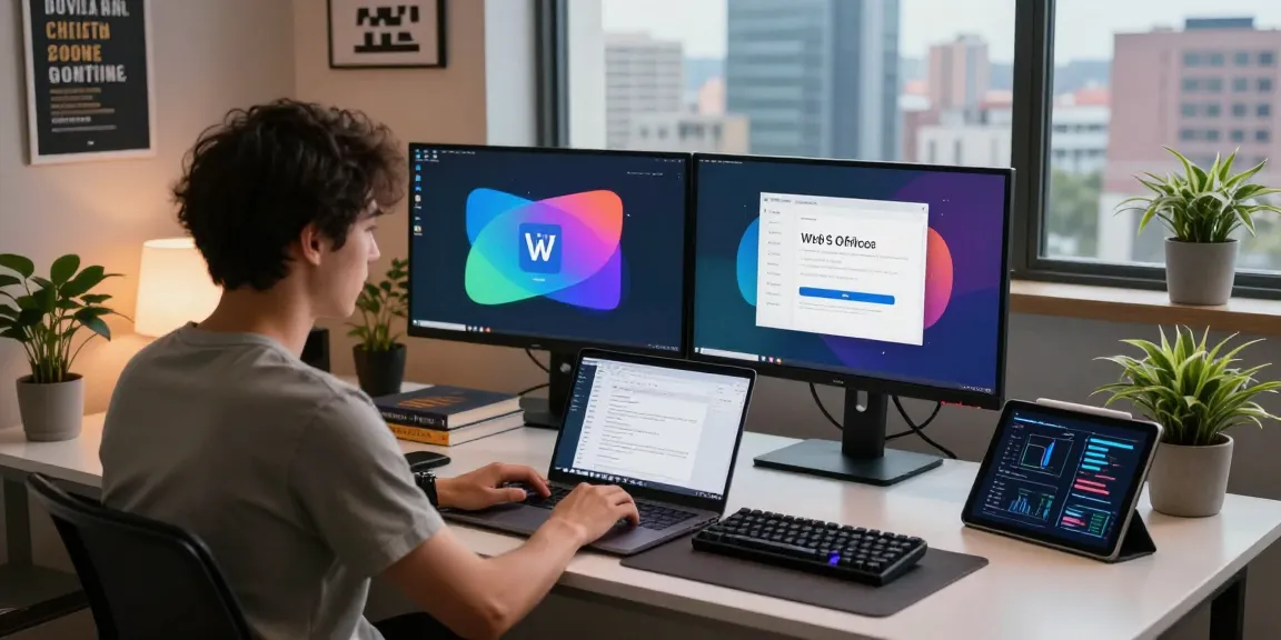 WPS Download page on modern laptop in a vibrant office workspace.