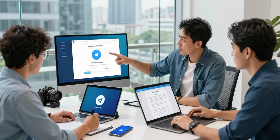 Collaborative workspace illustrating Telegram download optimization strategies with devices and app interface.