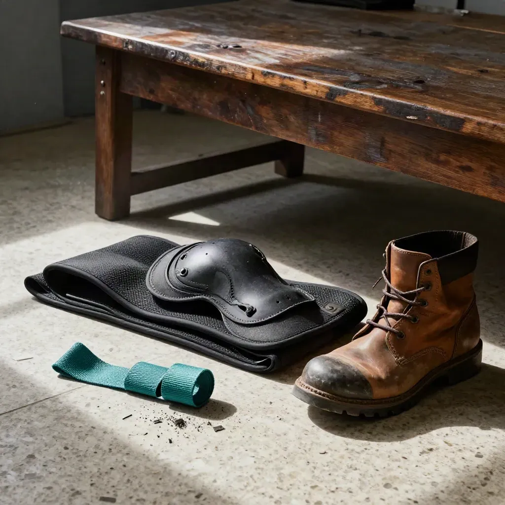 Work boot, lumbar brace, and knee guard beside a workshop bench in dusty light