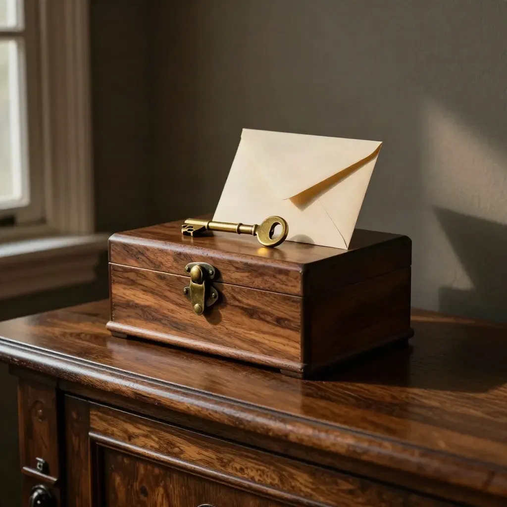 Walnut keepsake box with brass key and sealed envelope on a home entry console in warm window light.