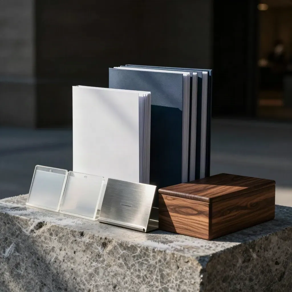 Monumental benefits lobby kit on stone with folders, acrylic holders, steel inbox, and walnut box in winter haze.