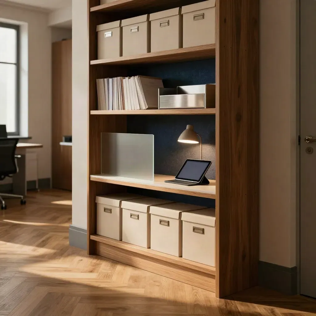 Modern benefits corner with oak shelf, storage boxes, and a private enrollment alcove in warm afternoon light.