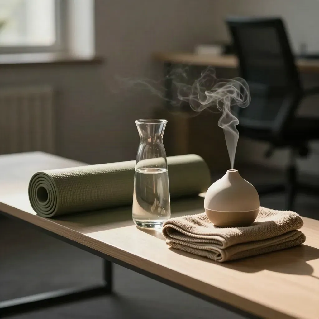 Workplace wellness corner with yoga mat, water carafe, towel and diffuser
