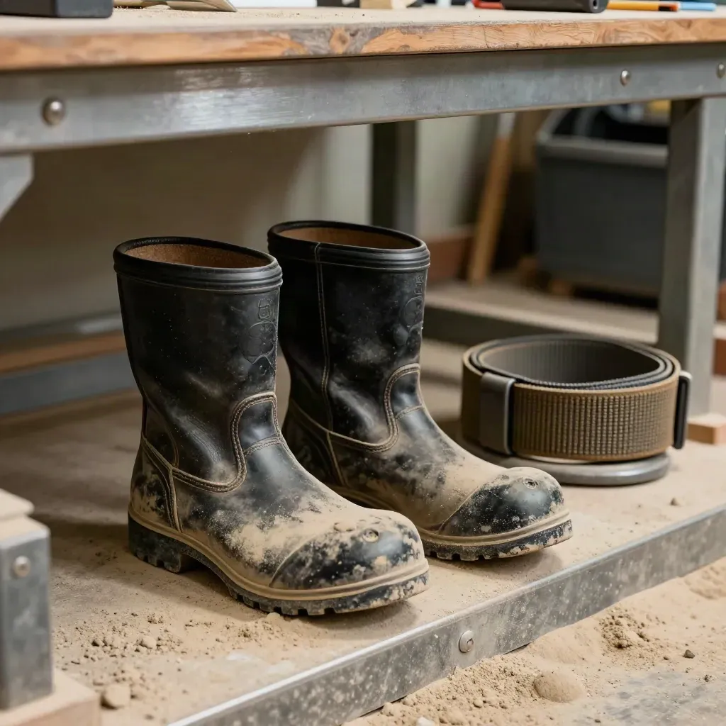 Steel-toe boots, knee pads, and back support belt on a rugged workshop bench