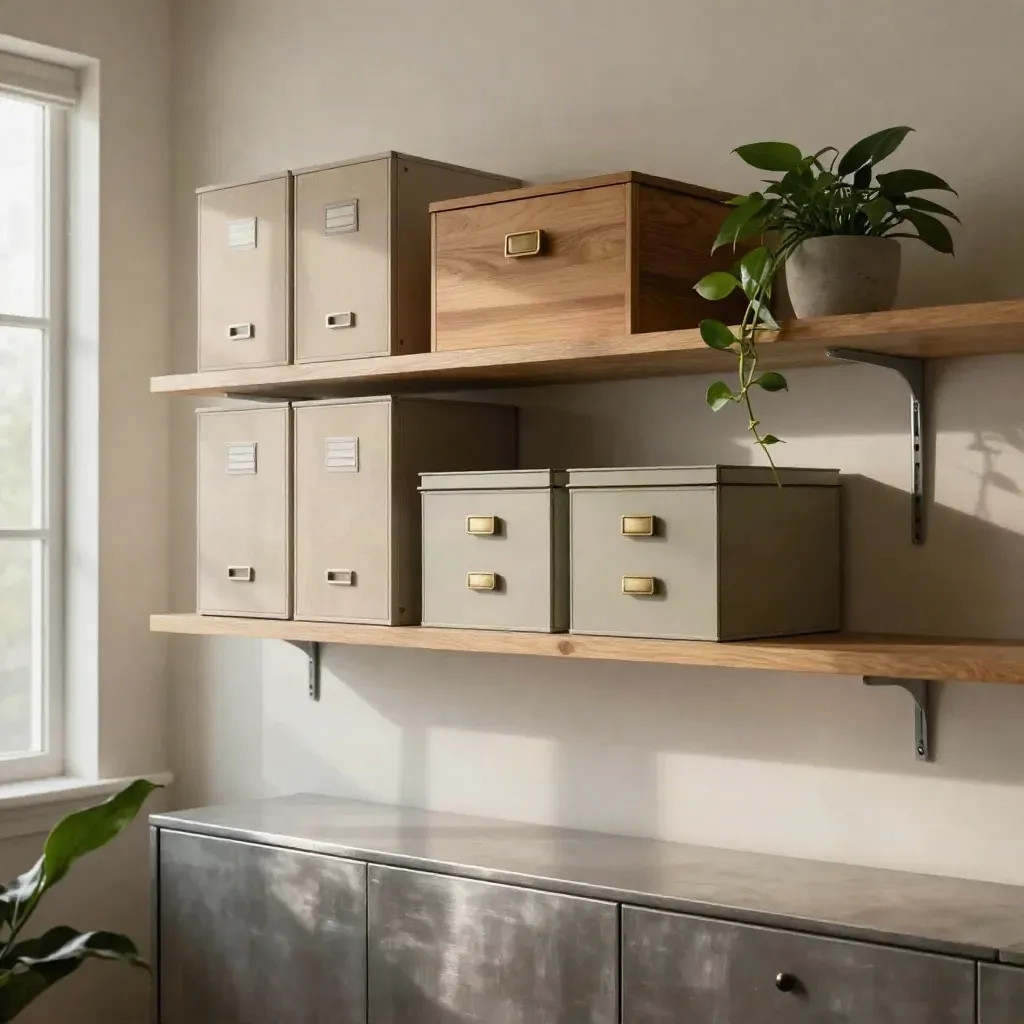 Quiet nonprofit staff room shelf with binders, boxes, and a small plant in warm window light