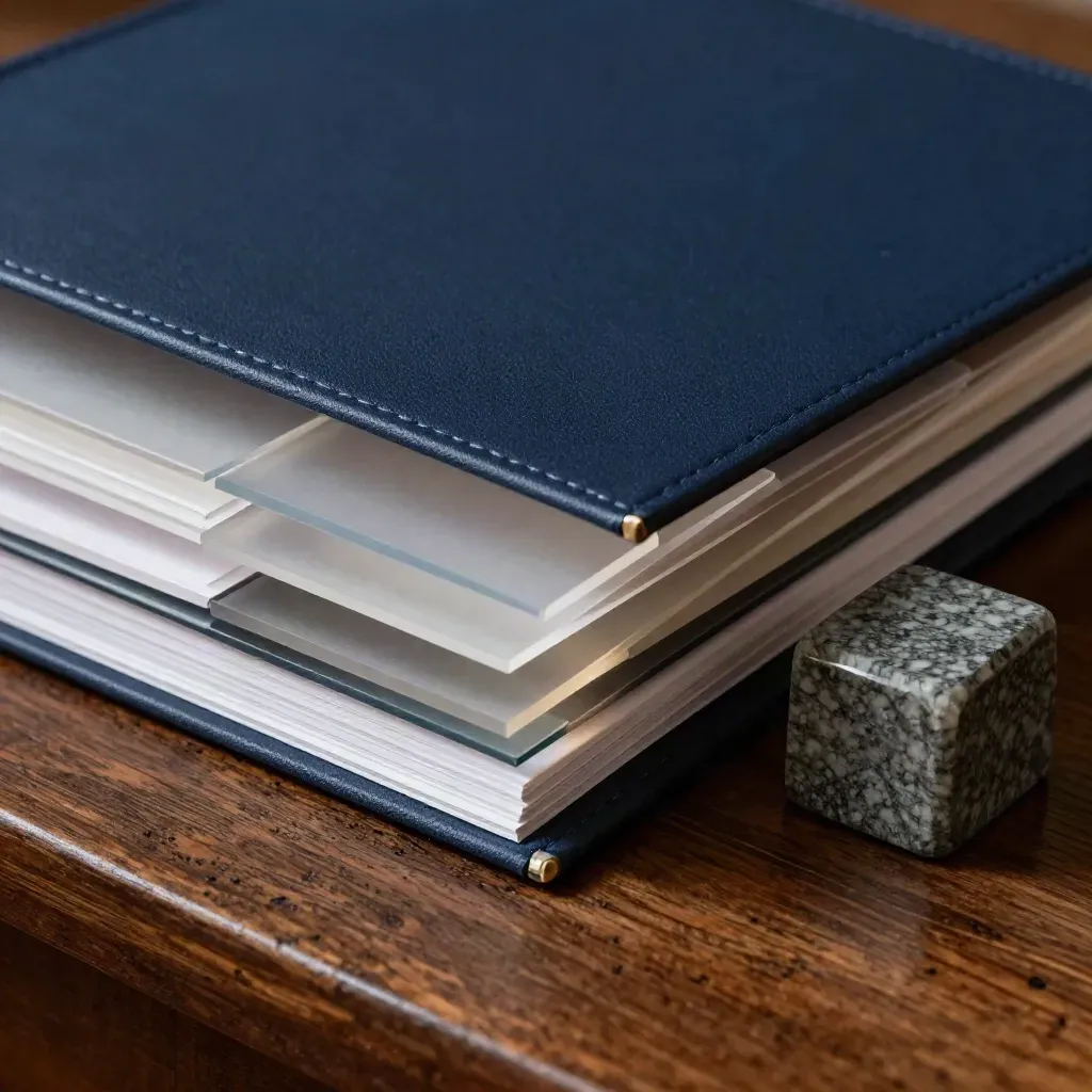 Macro still life of navy benefit binders, acrylic comparison tiles, and a stone paperweight on walnut.