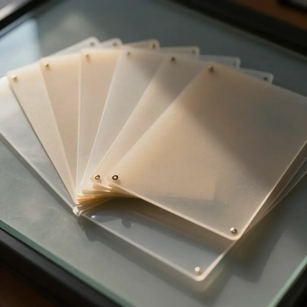 Translucent benefit plan cards and dividers layered on a drafting lightbox.