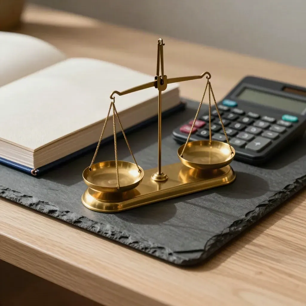 Brass desk scale, calculator, and plan binder on a slate tray in warm side light.