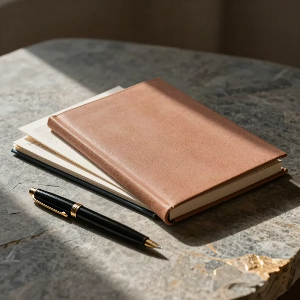 Brokerage folio, face-down carrier directories, and a black fountain pen on stone.