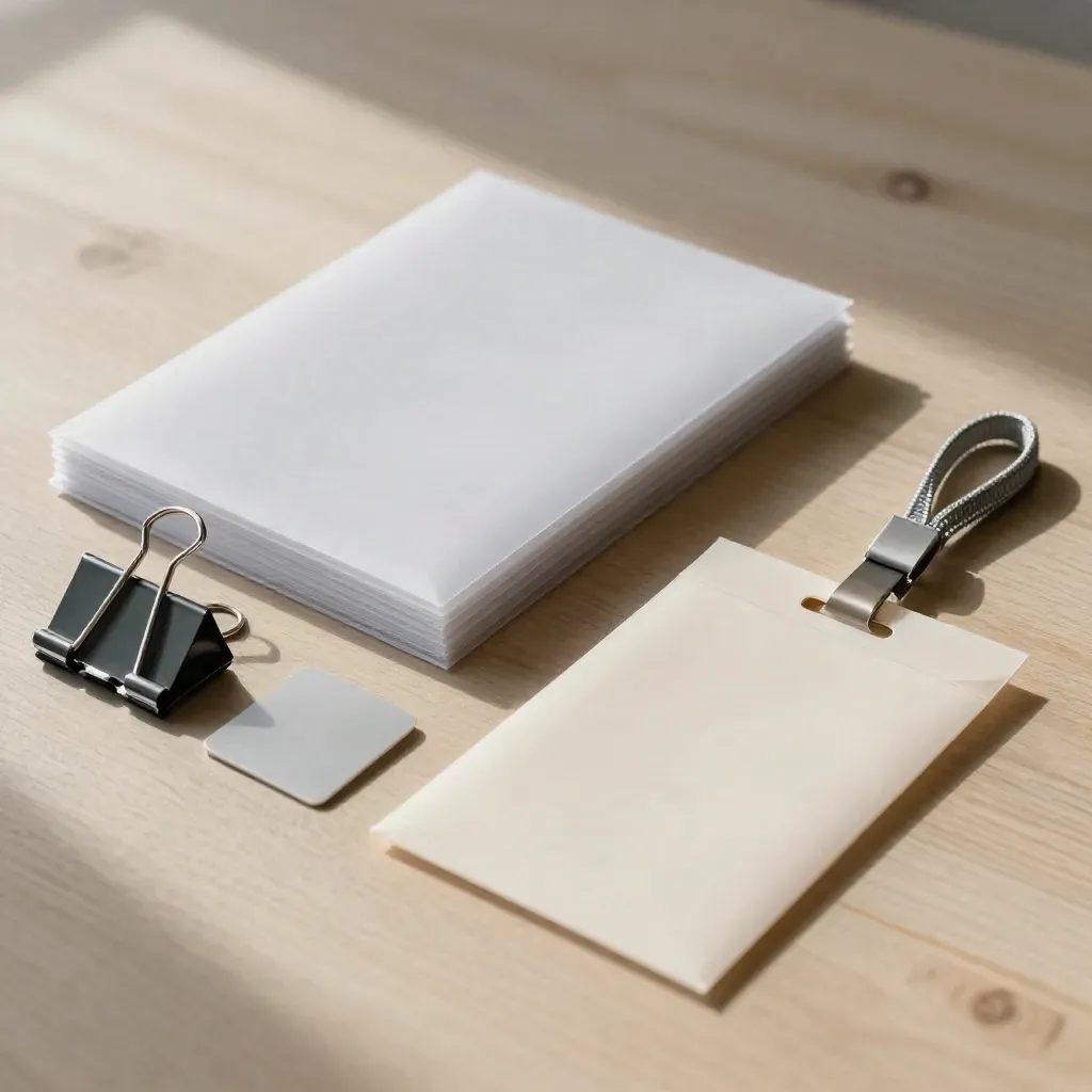 Benefits enrolment kit with sleeves, binder clips and a folded lanyard on pale wood.