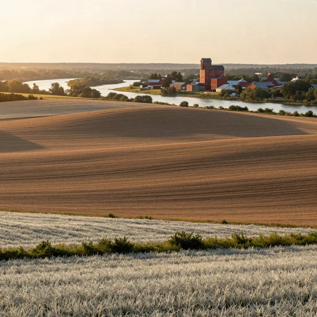 Southwestern Ontario farmland, river valley and brick mill town in warm golden haze.