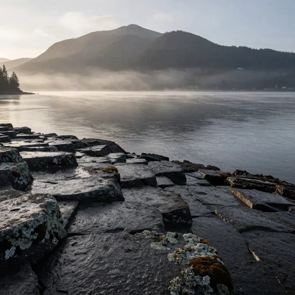 Mist over Metro Vancouver inlet and mountains at sunrise from a wet bluff.