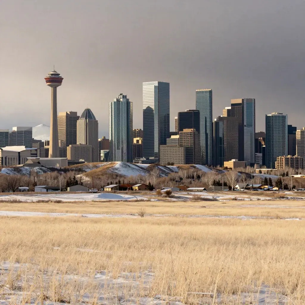Calgary skyline above pale prairie and hazy foothills after a chinook wind