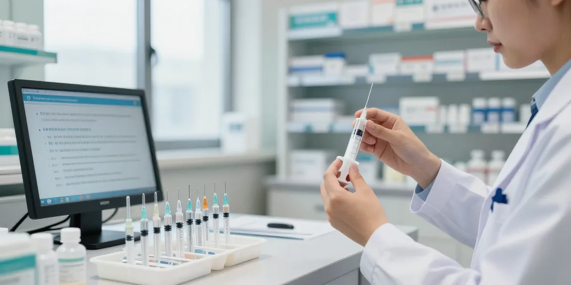 Buy needles Canada from a professional pharmacist preparing sterile syringes in a bright pharmacy.