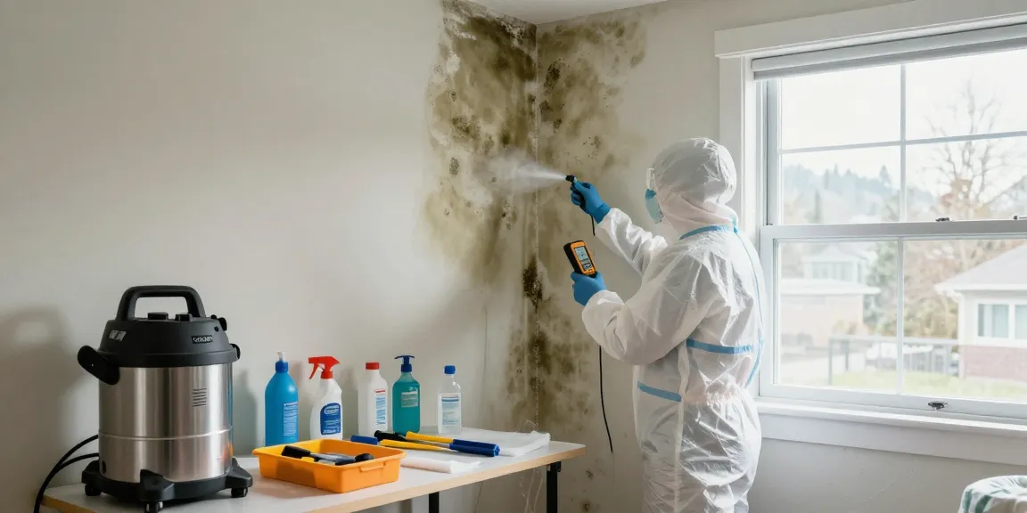 Mold remediation process in North Vancouver showing technician inspecting wall for mold.