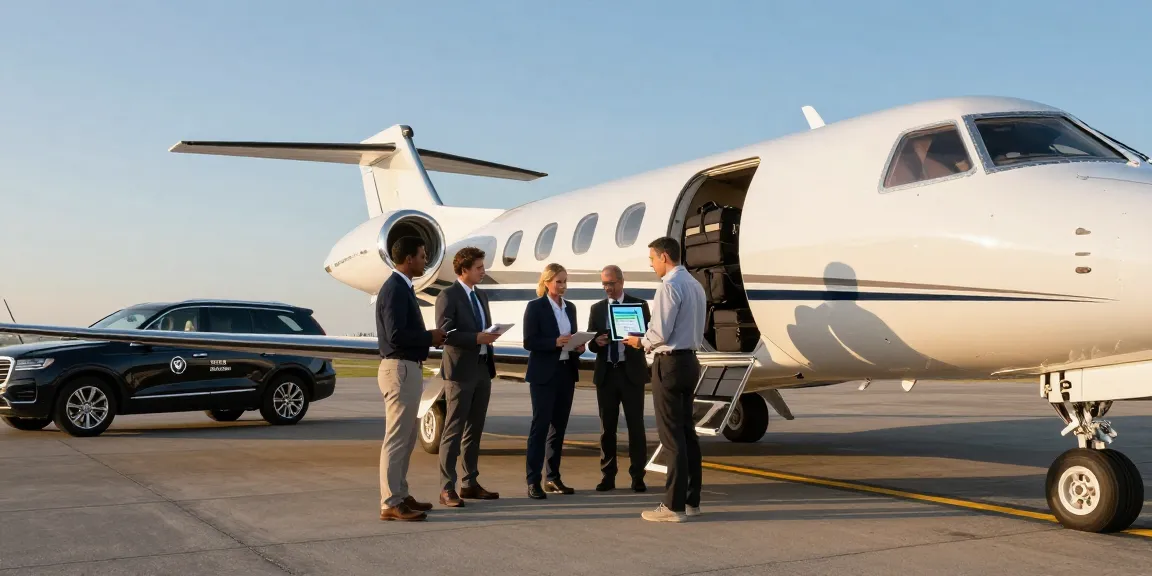 Private airplane charter Ontario with business leaders preparing for a flight at dawn near a Piper PA-31 Navajo aircraft.