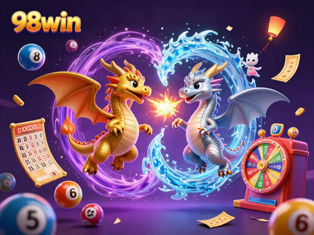 Engage with 98win's vibrant casino world featuring dynamic dragons, lottery balls, and winning energy.