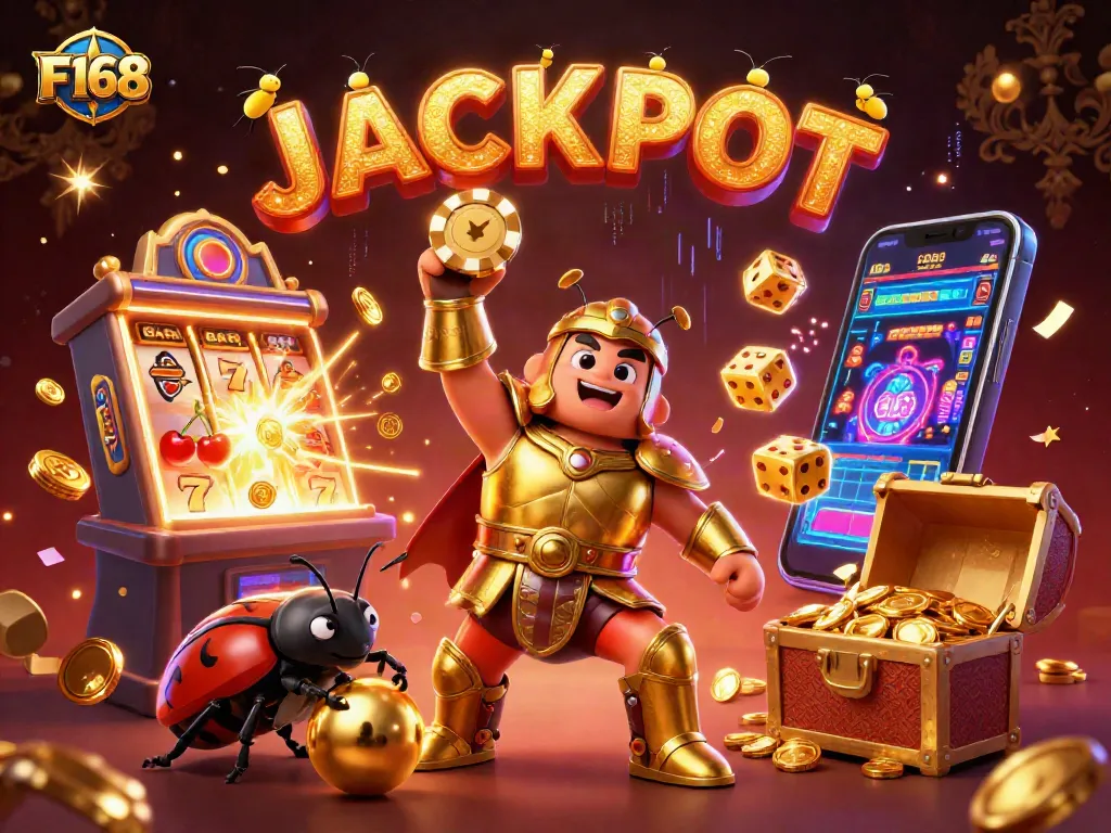 F168 illustrates a thrilling jackpot scene with vibrant characters celebrating a big win.
