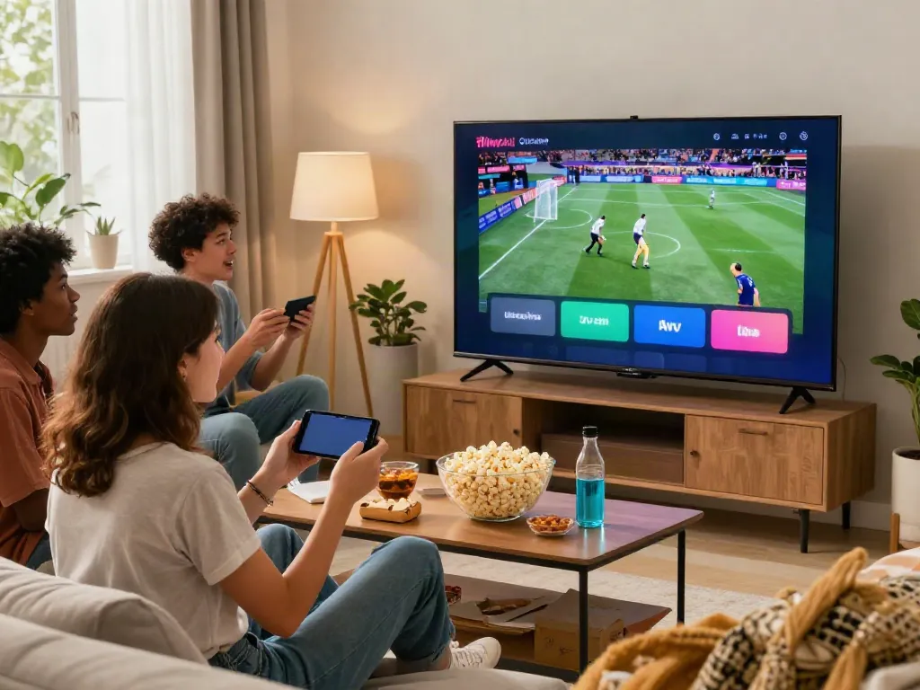 Friends enjoying a movie night streaming FilmyZilla on a smart TV in a cozy living room.